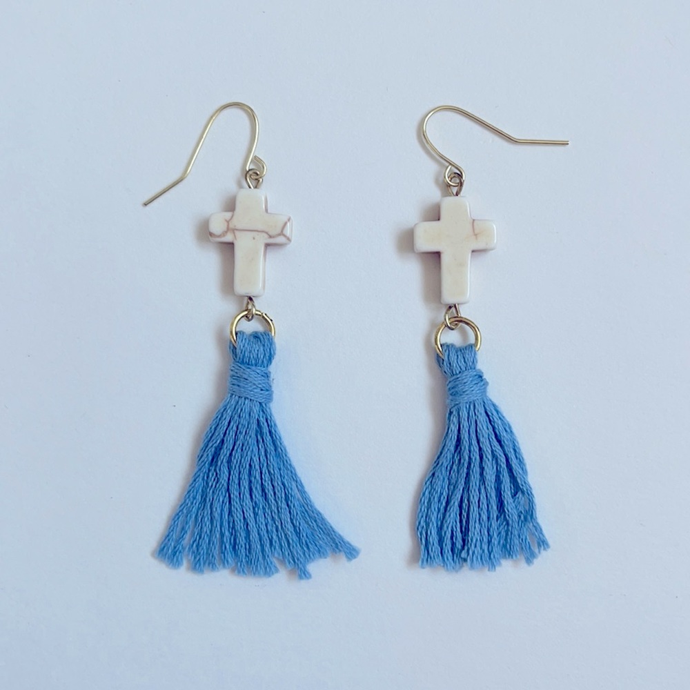 Tassel Earrings Cross Charm Light Blue